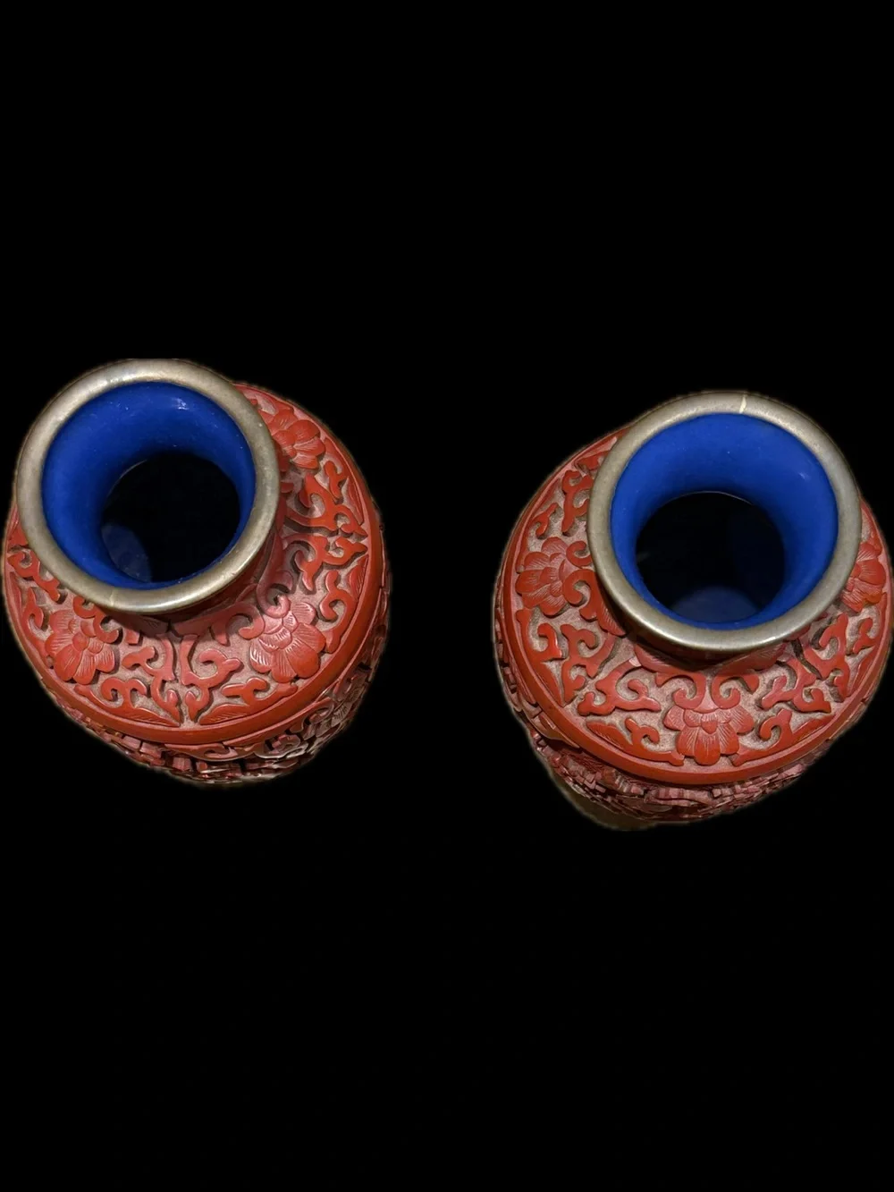 Pair of Authentic Republic Of China Vintage Chinese Cinnabar Lacquer Vases.